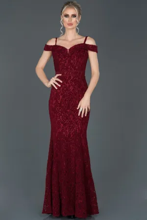 16068 Burgundy Off-Shoulder Lace Mermaid Dress