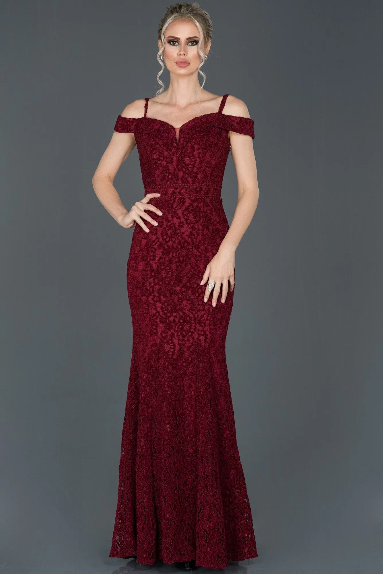 16068 Burgundy Off-Shoulder Lace Mermaid Dress
