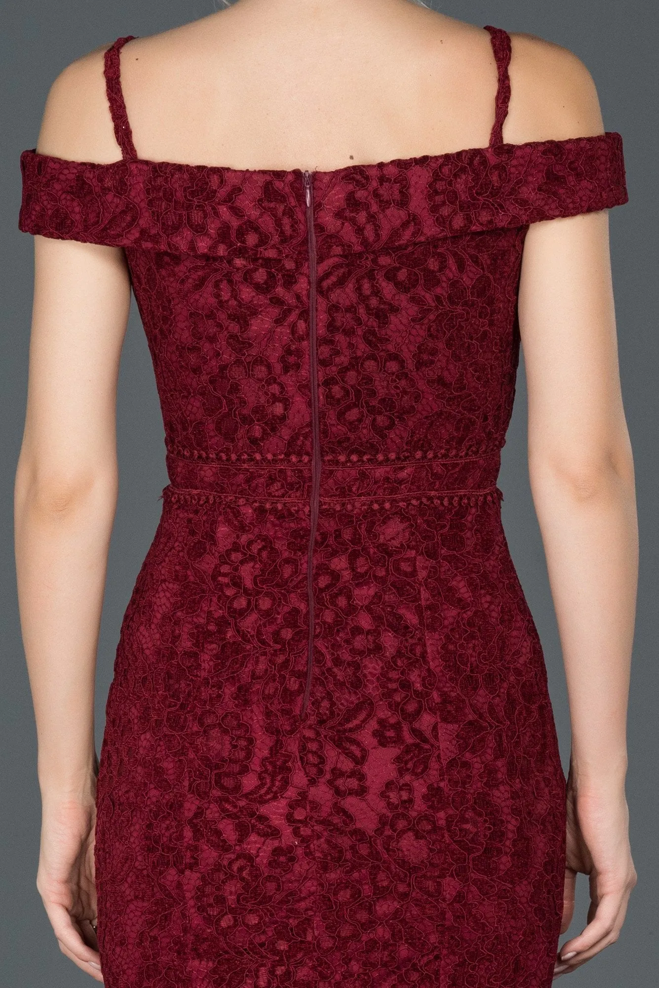 16068 Burgundy Off-Shoulder Lace Mermaid Dress