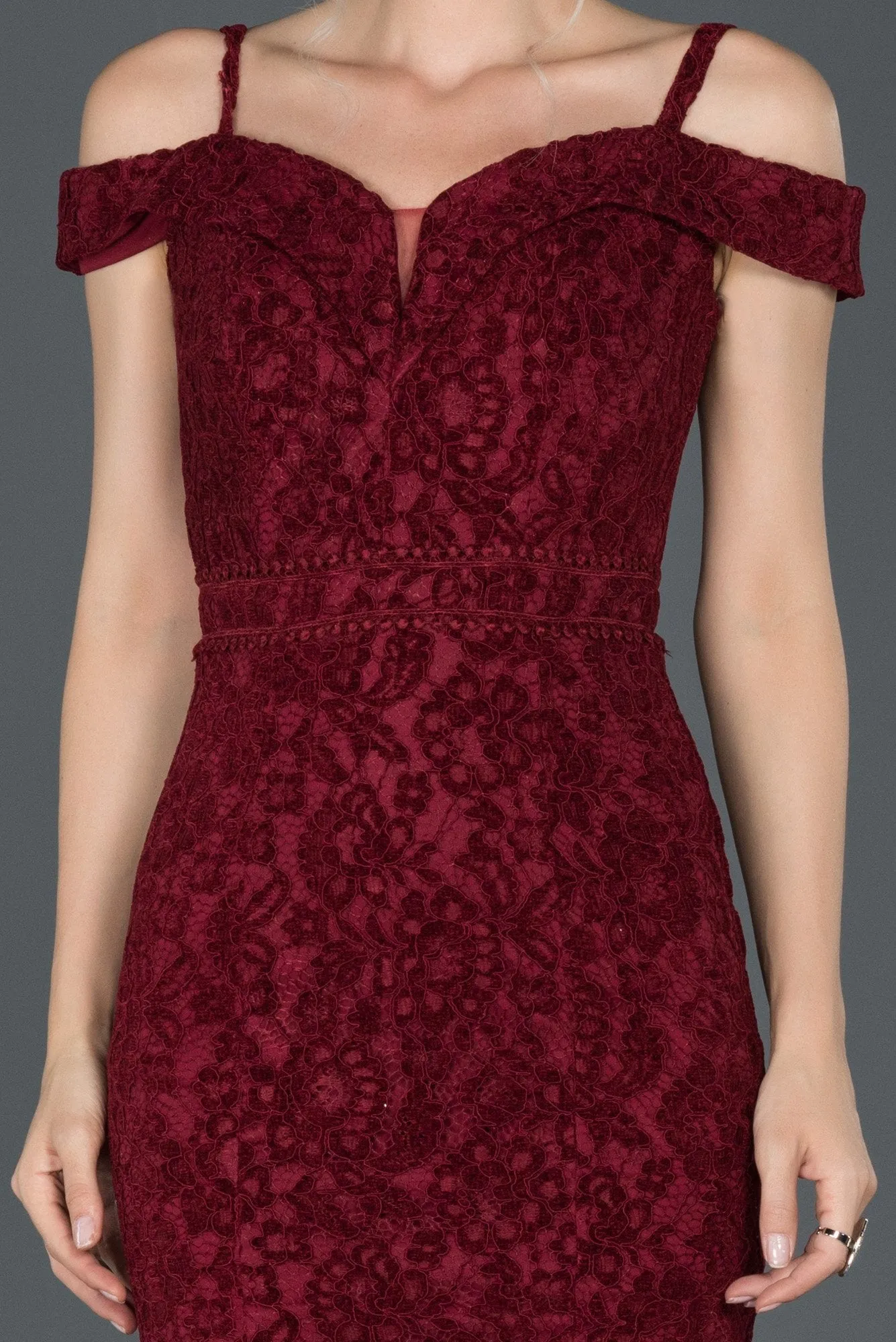 16068 Burgundy Off-Shoulder Lace Mermaid Dress