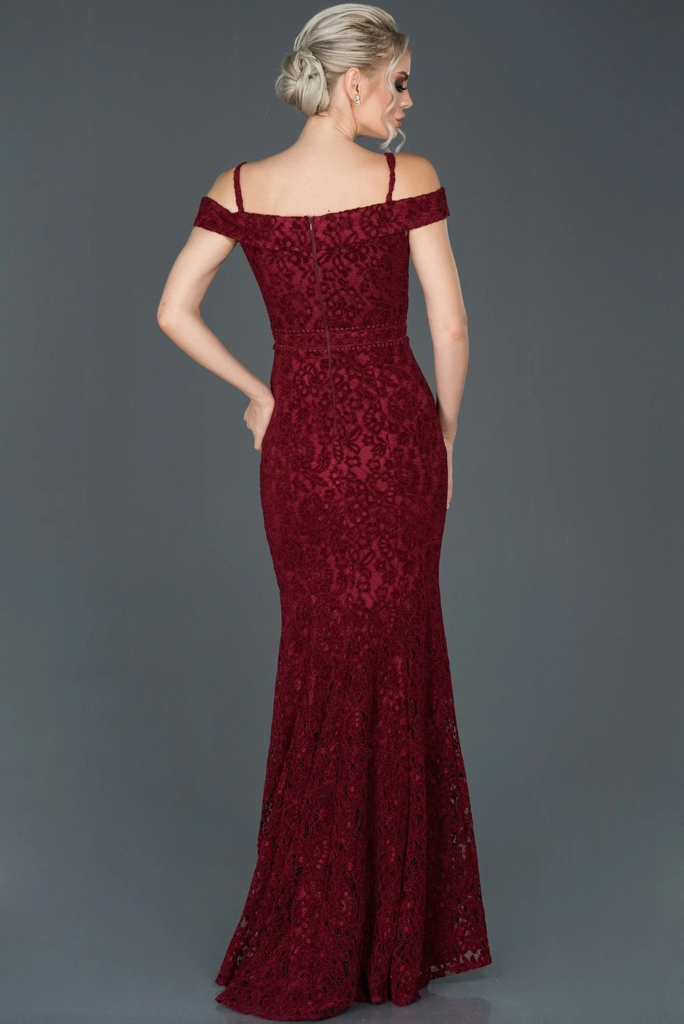 16068 Burgundy Off-Shoulder Lace Mermaid Dress