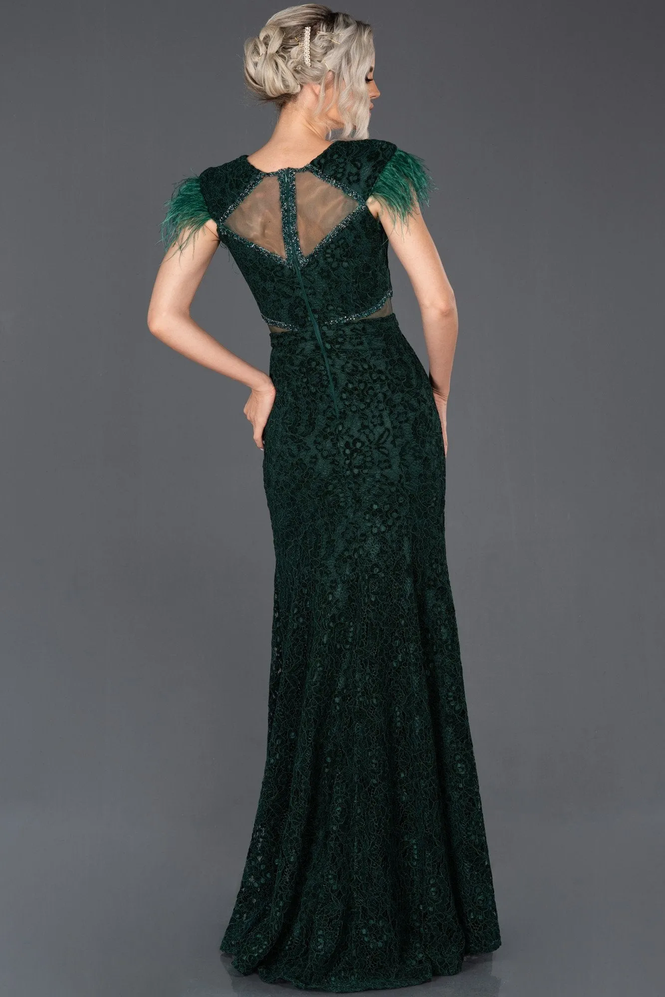 16072 Emerald Green Feather Detail Velvet Lace Dress
