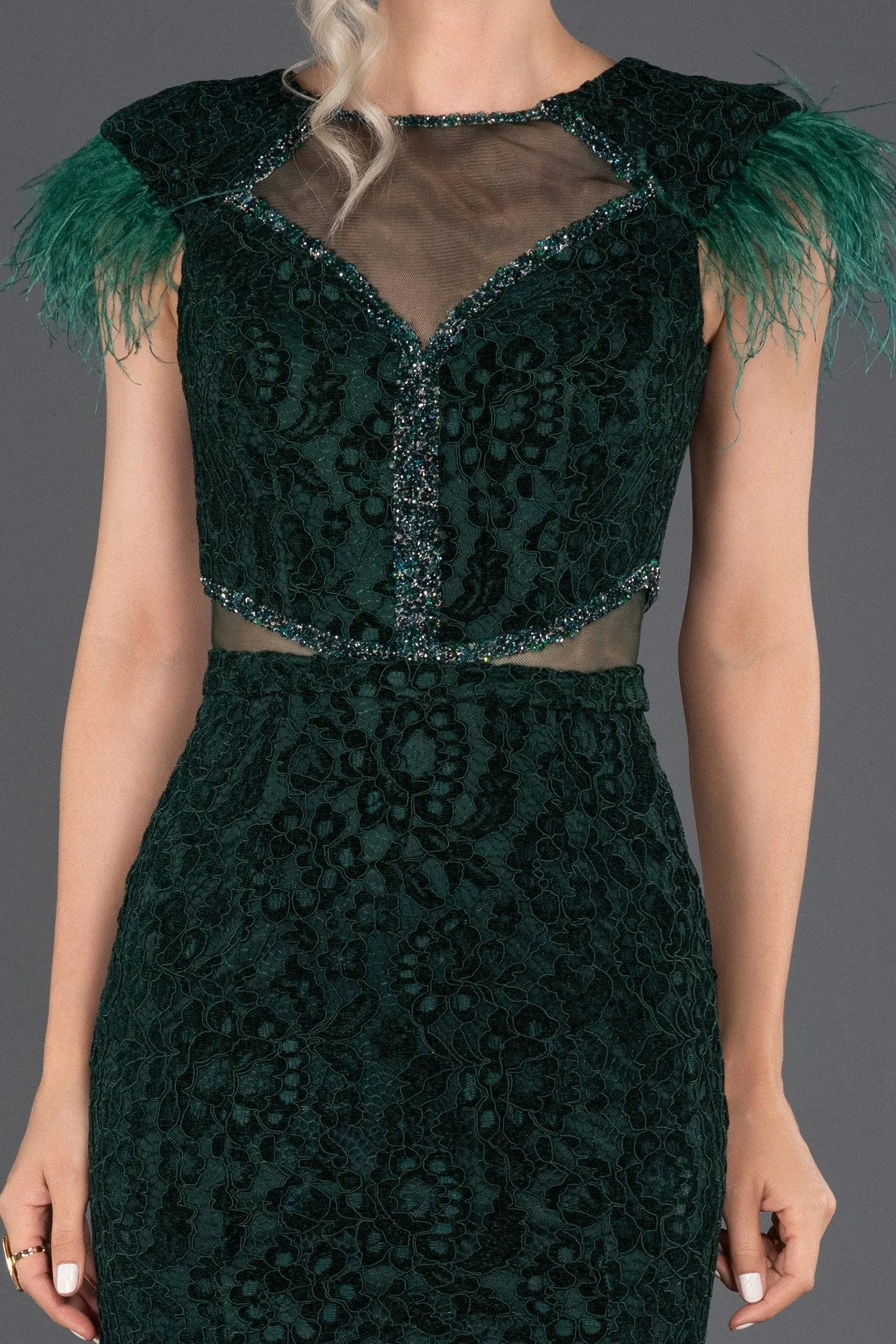 16072 Emerald Green Feather Detail Velvet Lace Dress