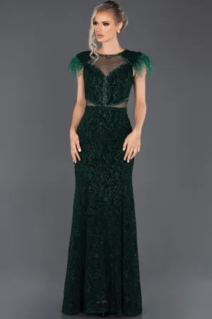 16072 Emerald Green Feather Detail Velvet Lace Dress