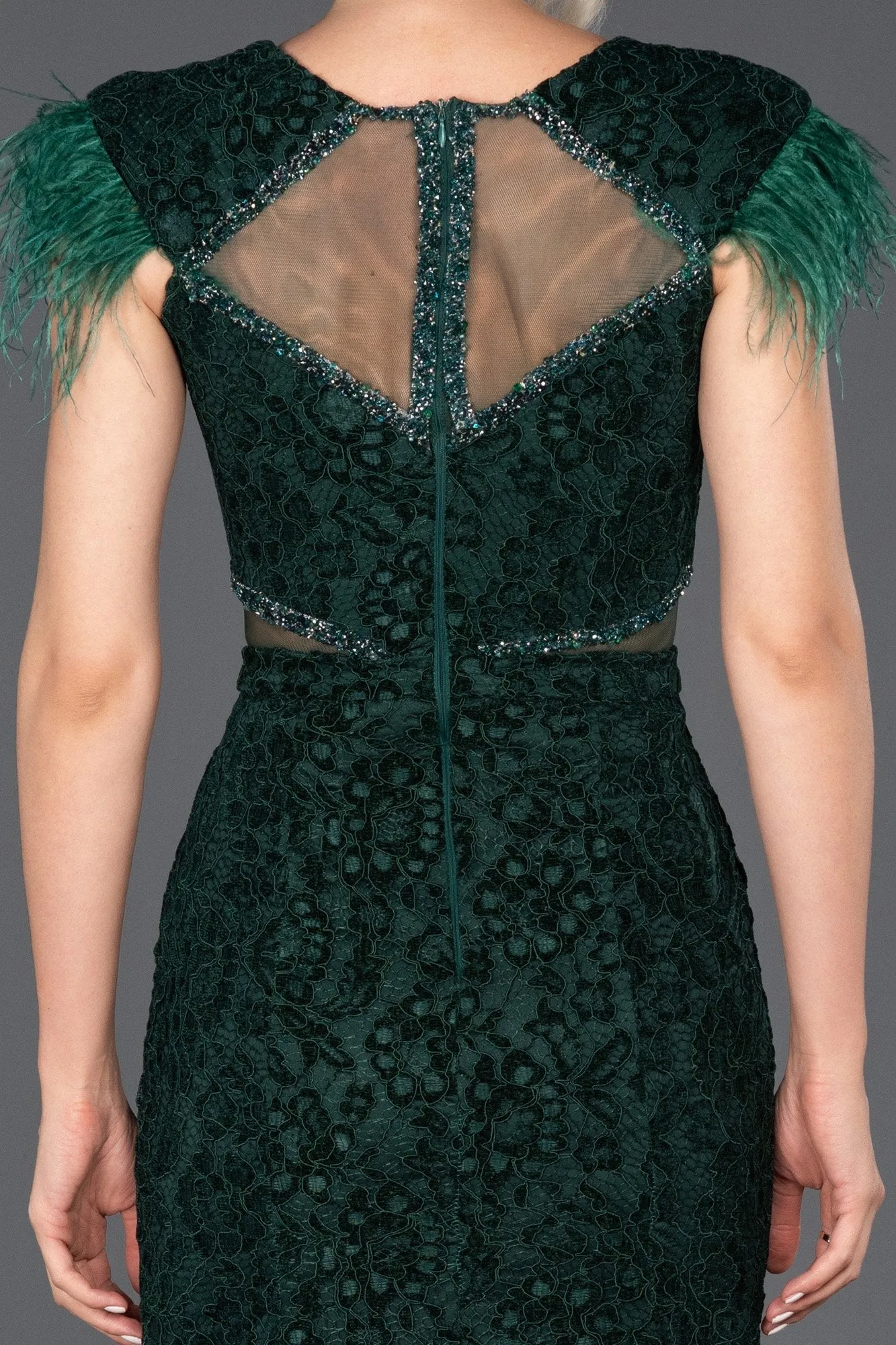 16072 Emerald Green Feather Detail Velvet Lace Dress