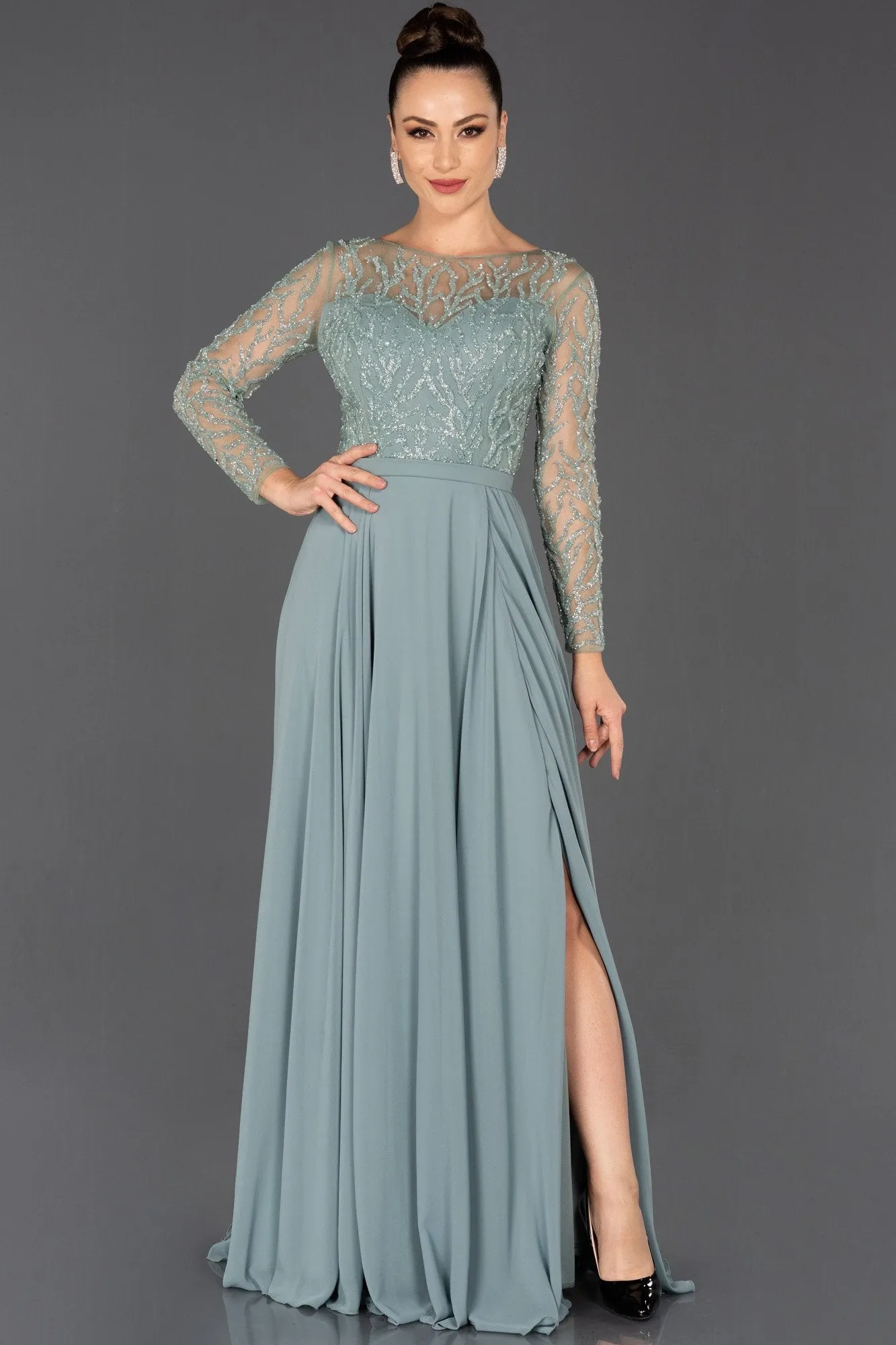 16705 Mint Sequined Embroidered Tulle Chiffon Dress