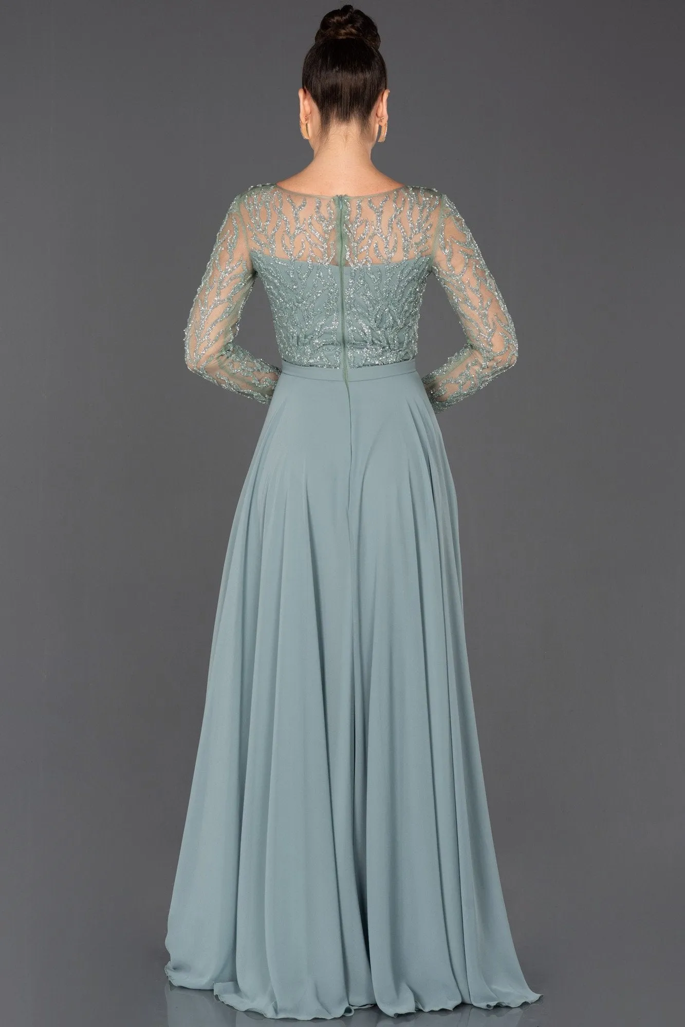 16705 Mint Sequined Embroidered Tulle Chiffon Dress