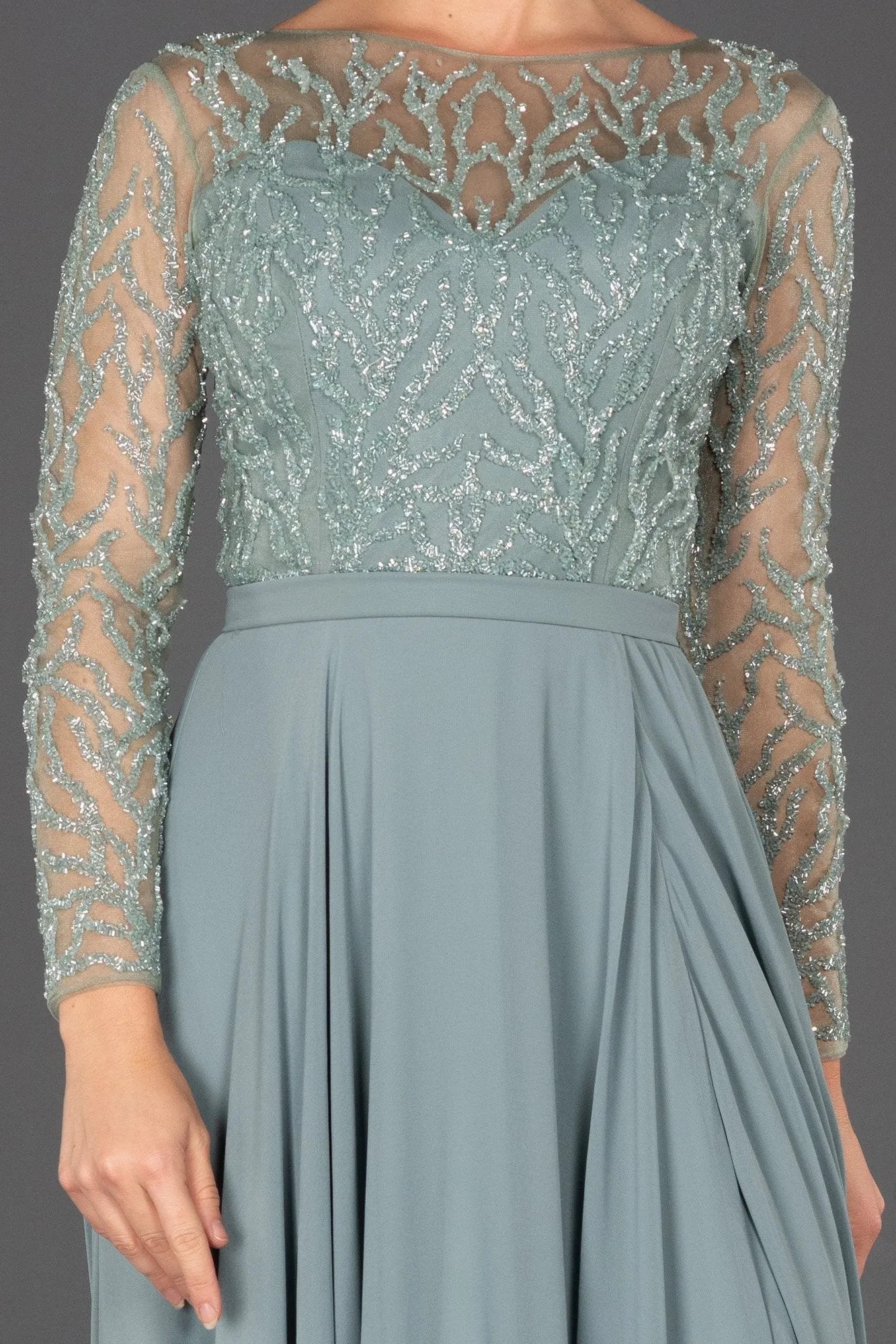 16705 Mint Sequined Embroidered Tulle Chiffon Dress