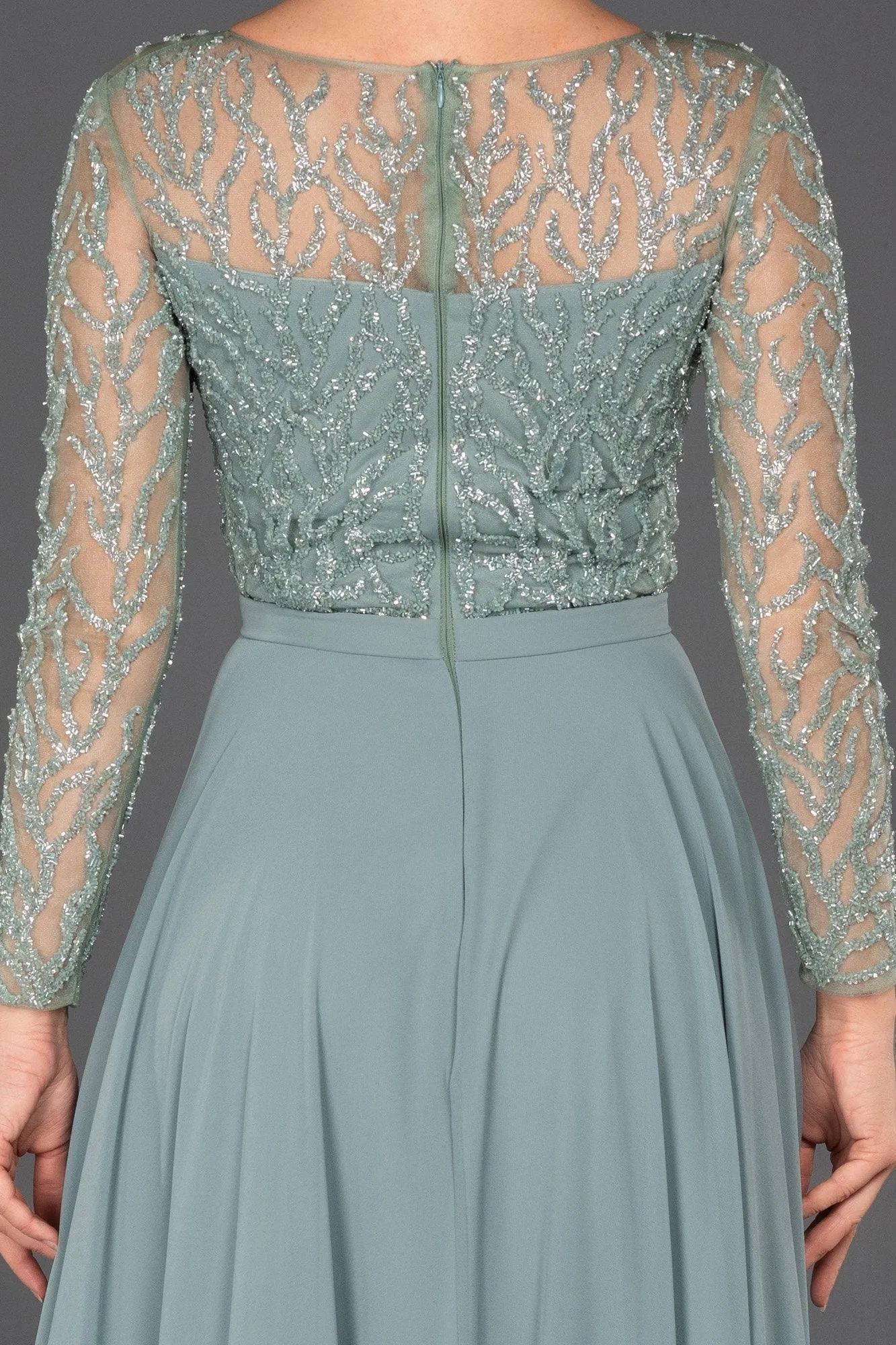 16705 Mint Sequined Embroidered Tulle Chiffon Dress