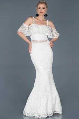 16715 Ecru Cold Shoulder Transparent Waist Lace Dress