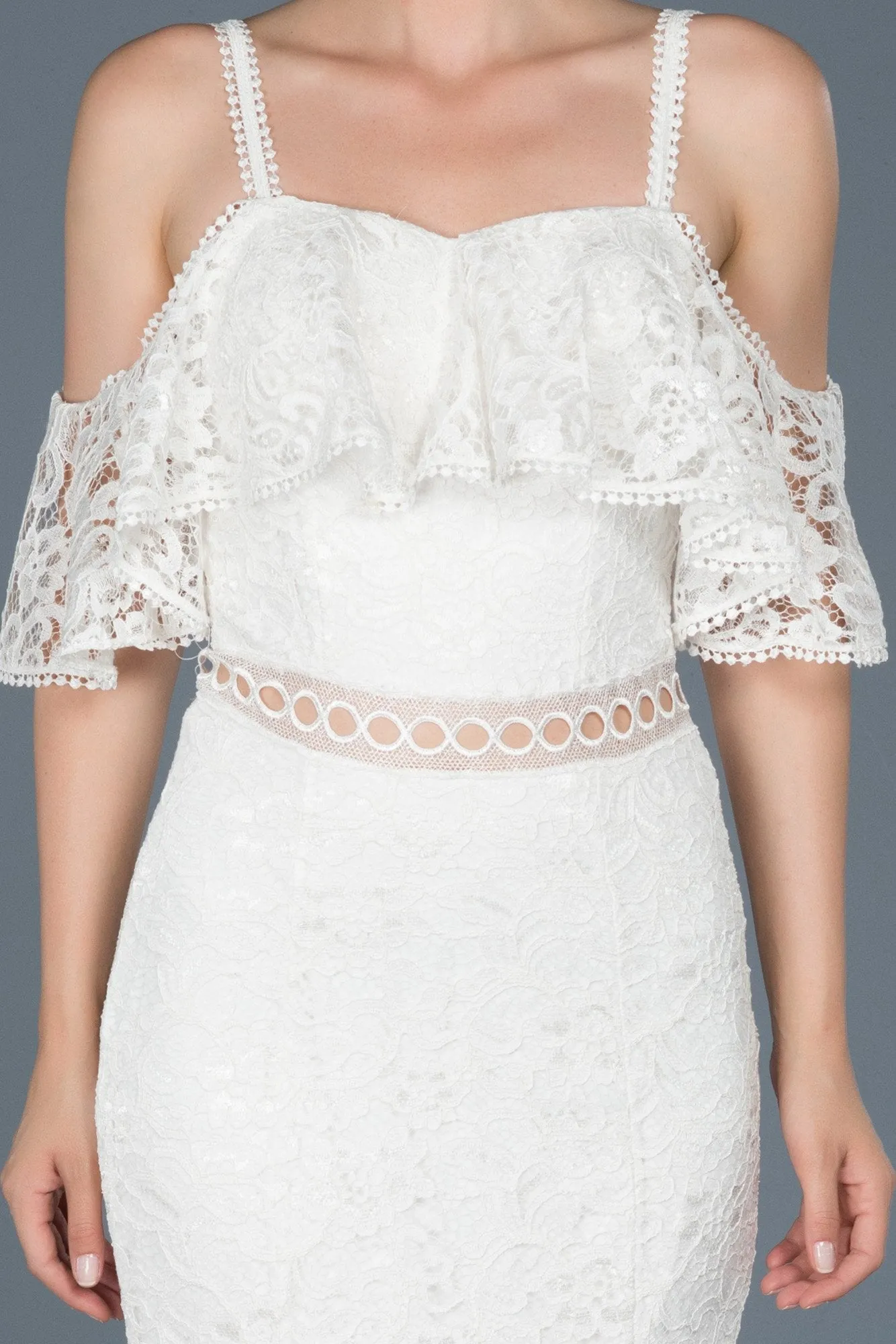 16715 Ecru Cold Shoulder Transparent Waist Lace Dress