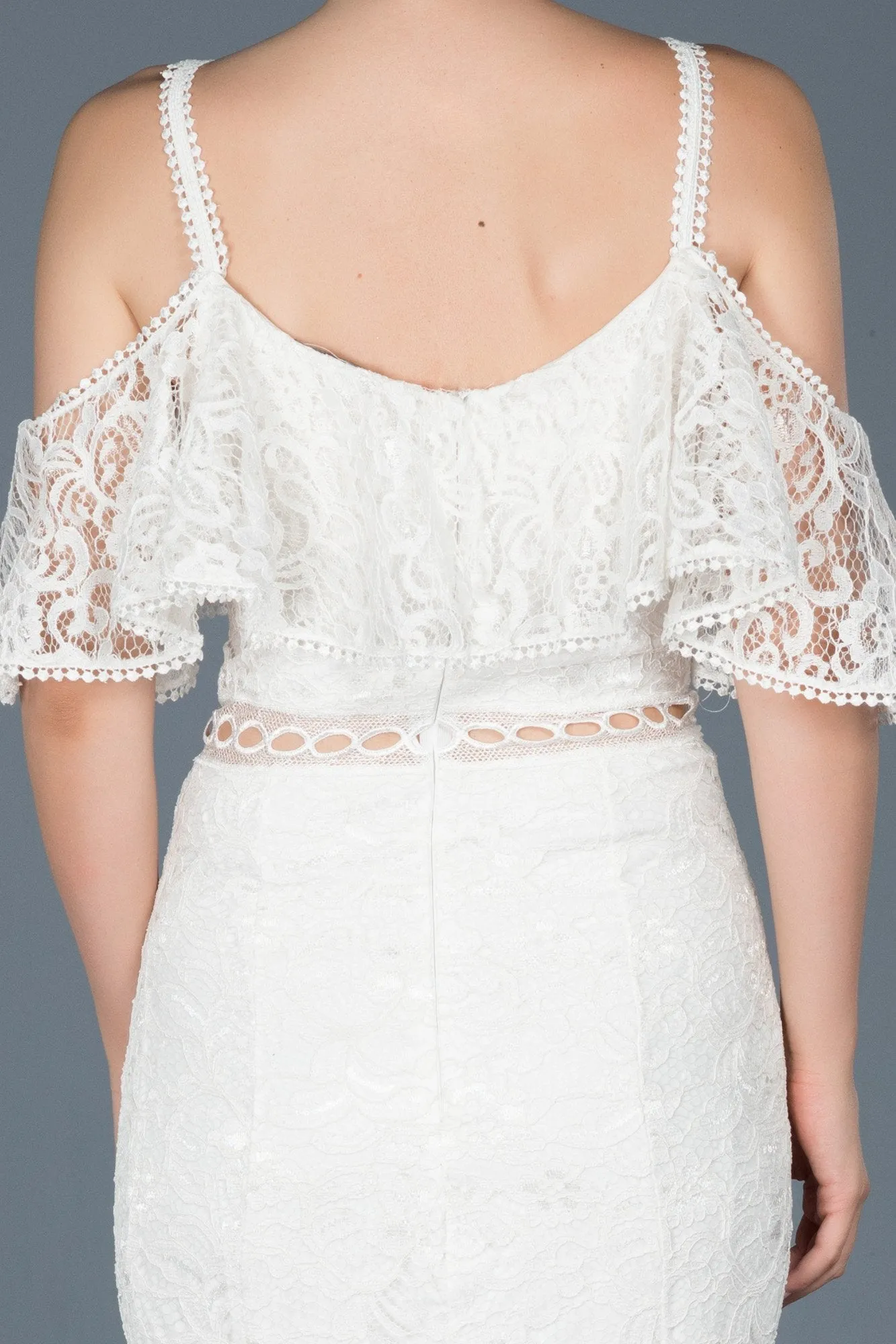 16715 Ecru Cold Shoulder Transparent Waist Lace Dress