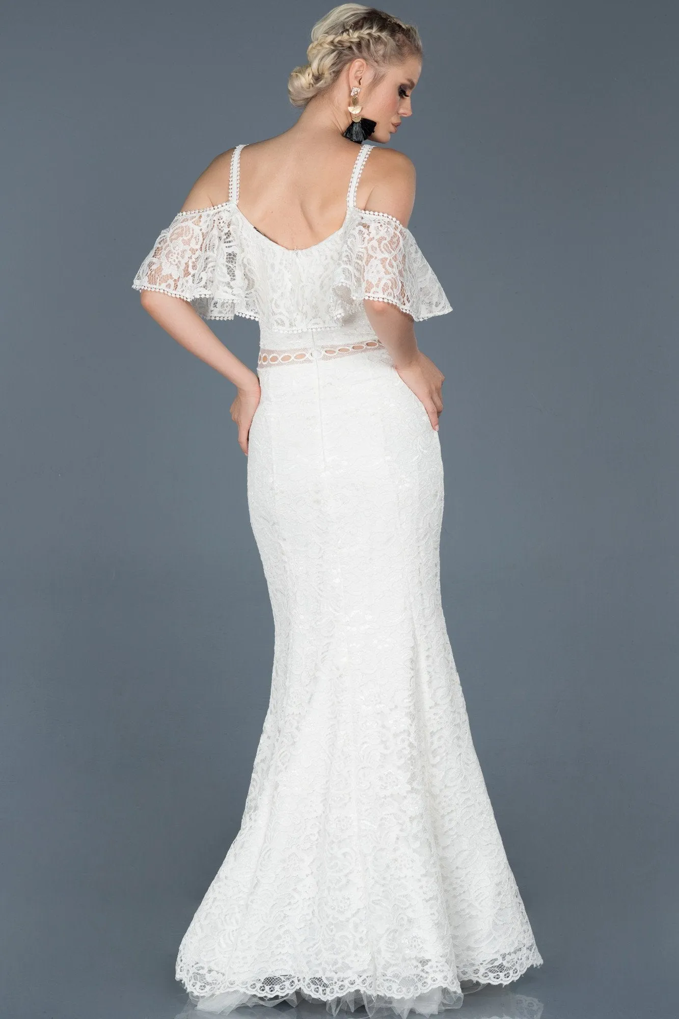 16715 Ecru Cold Shoulder Transparent Waist Lace Dress