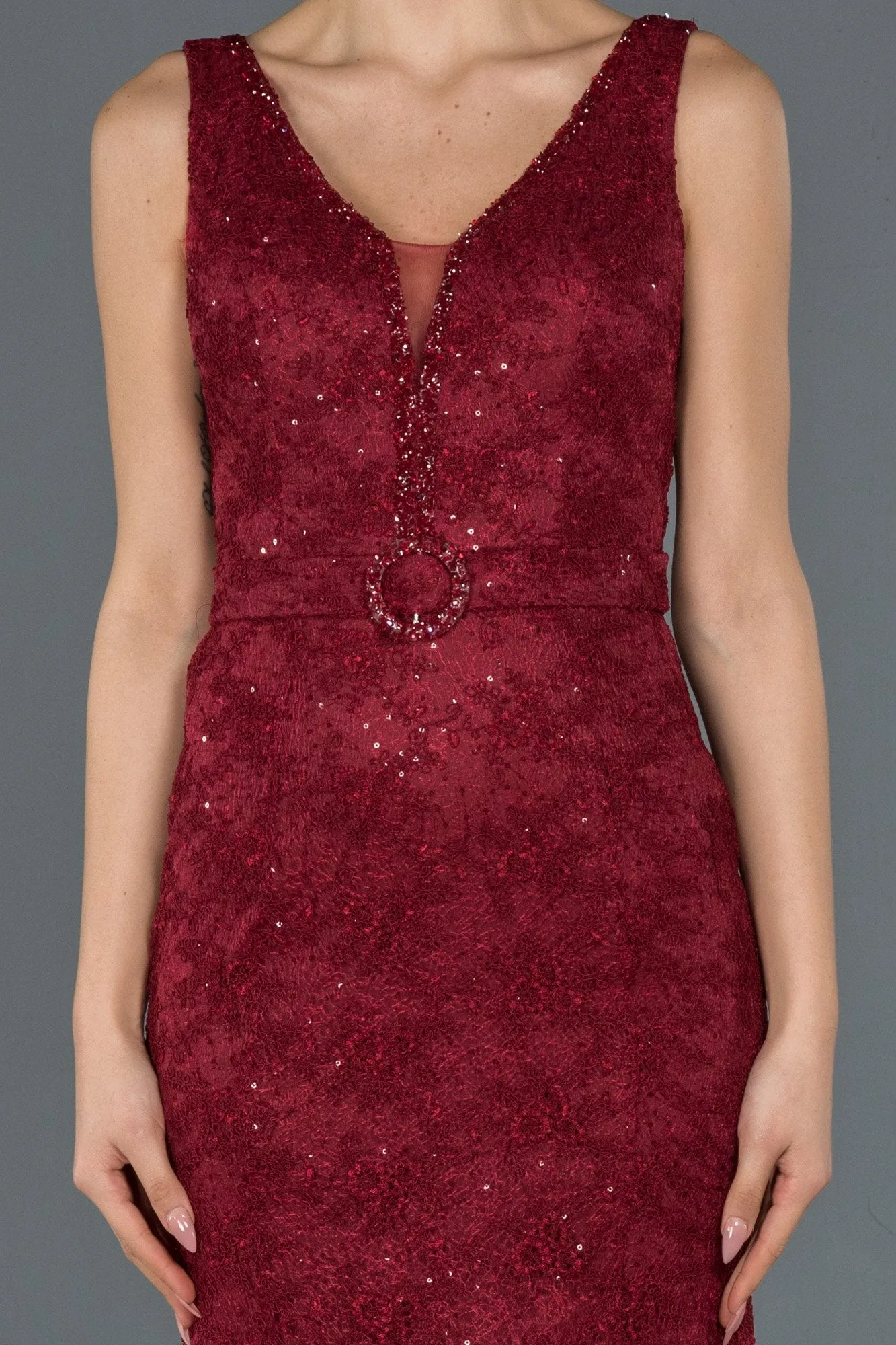 16748 Burgundy Belt Lace Shimmer Mermaid Dress