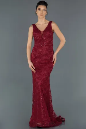 16748 Burgundy Belt Lace Shimmer Mermaid Dress