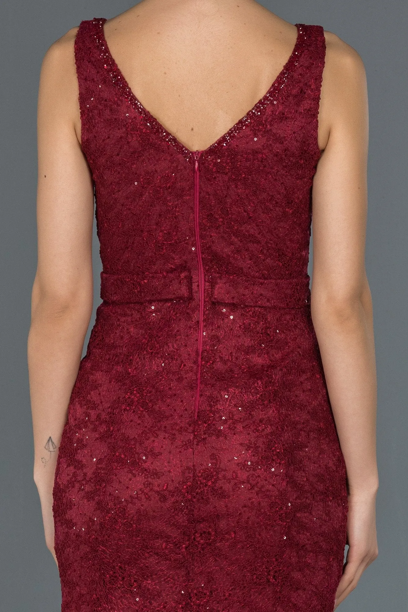 16748 Burgundy Belt Lace Shimmer Mermaid Dress