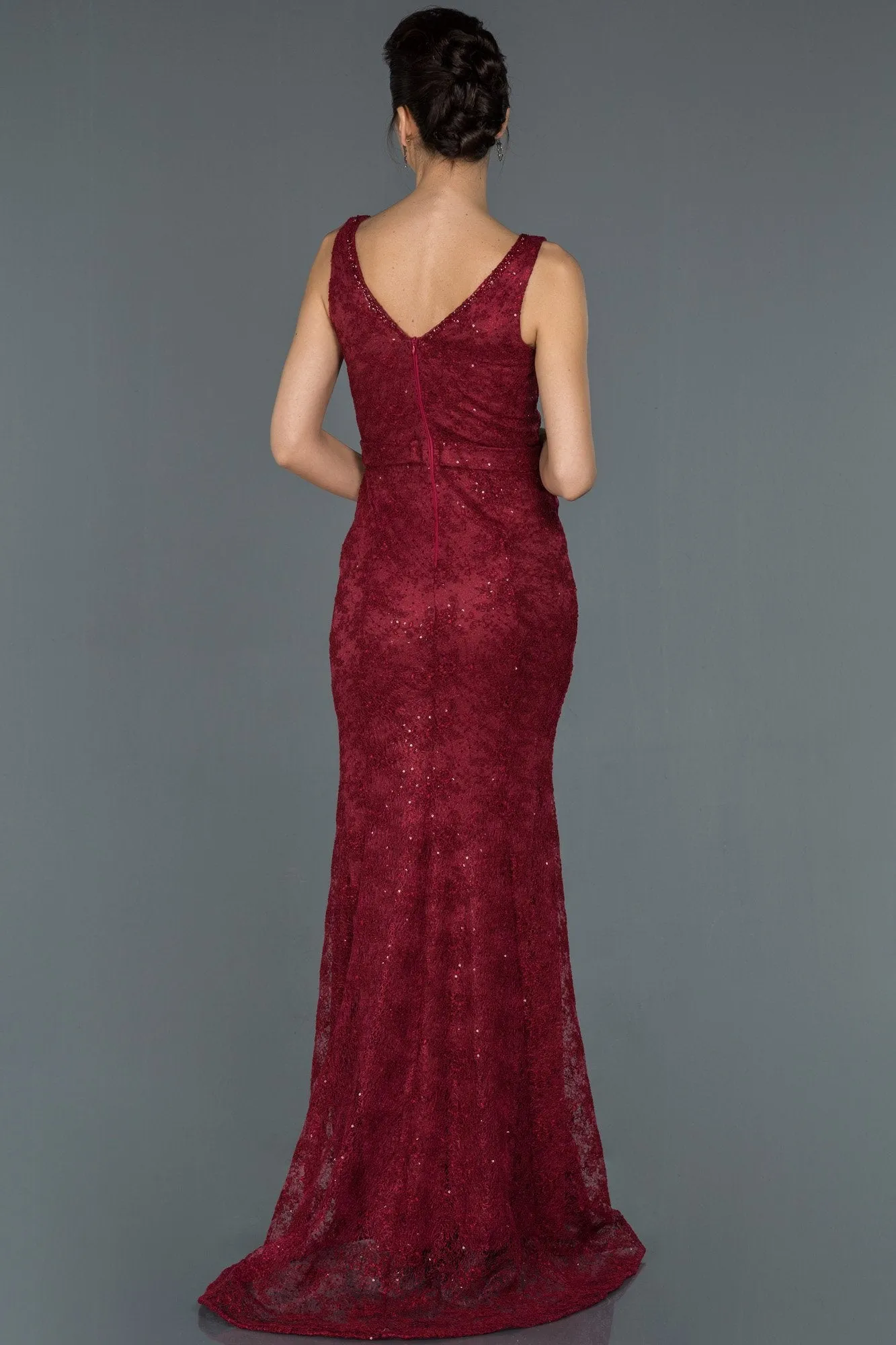 16748 Burgundy Belt Lace Shimmer Mermaid Dress