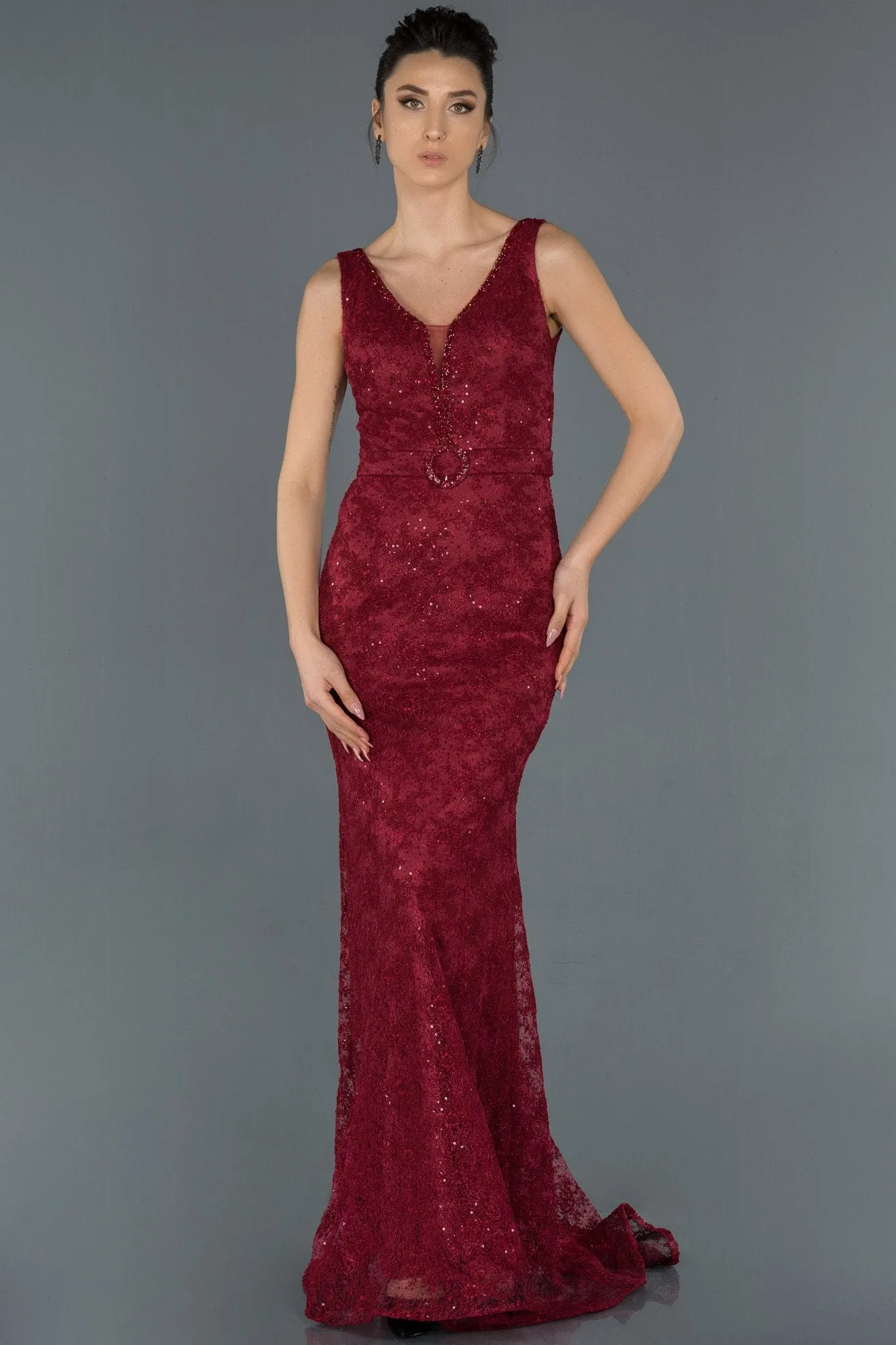 16748 Burgundy Belt Lace Shimmer Mermaid Dress