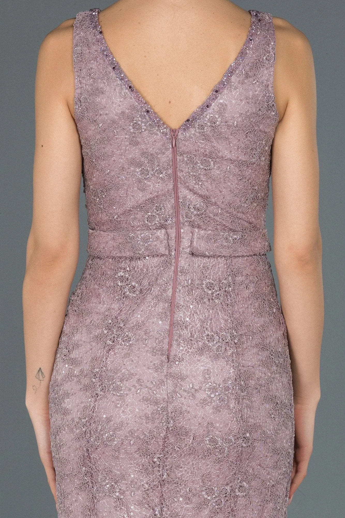 16756 Dusty Pink Sequined Lace Belt Dress