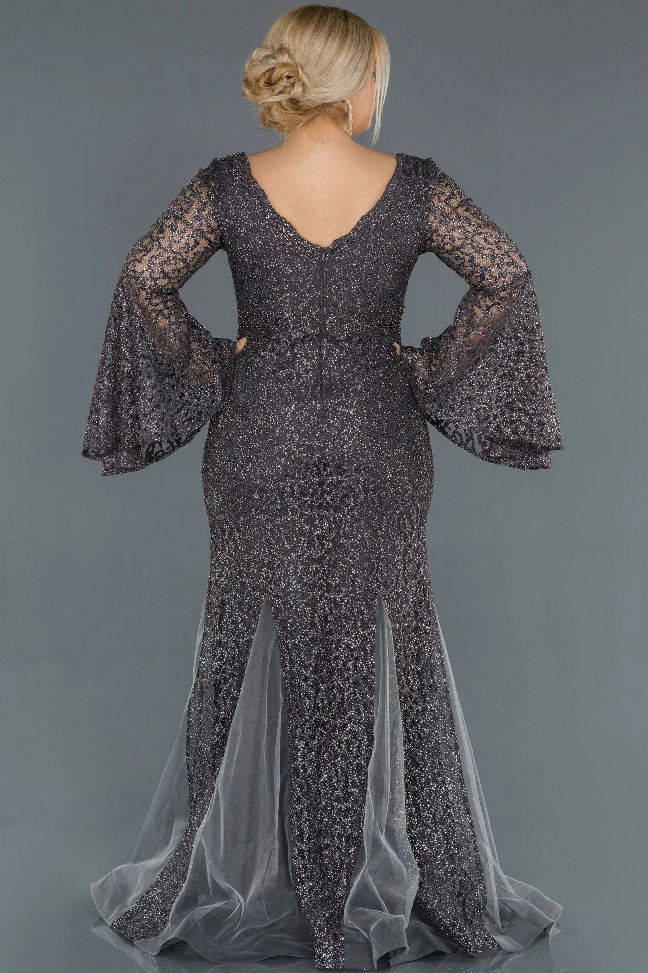 16760 Grey Spanish Sleeve Lace Tulle Mermaid Dress