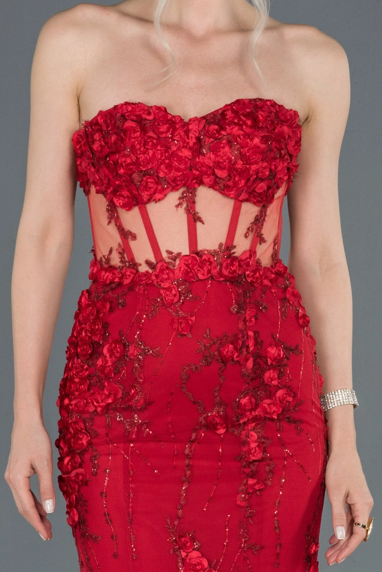 16946 Lavender Flower Applique Transparent Strapless Corset Dress