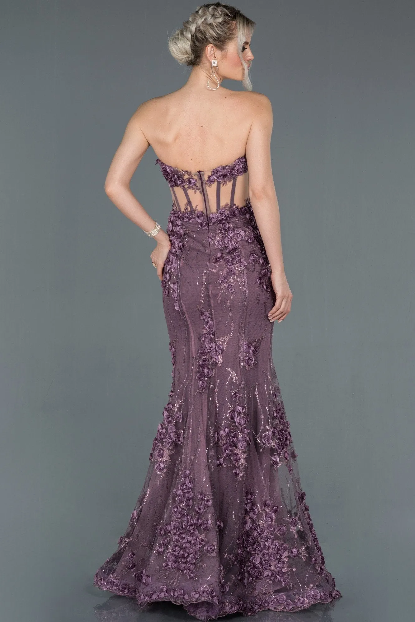 16946 Lavender Flower Applique Transparent Strapless Corset Dress