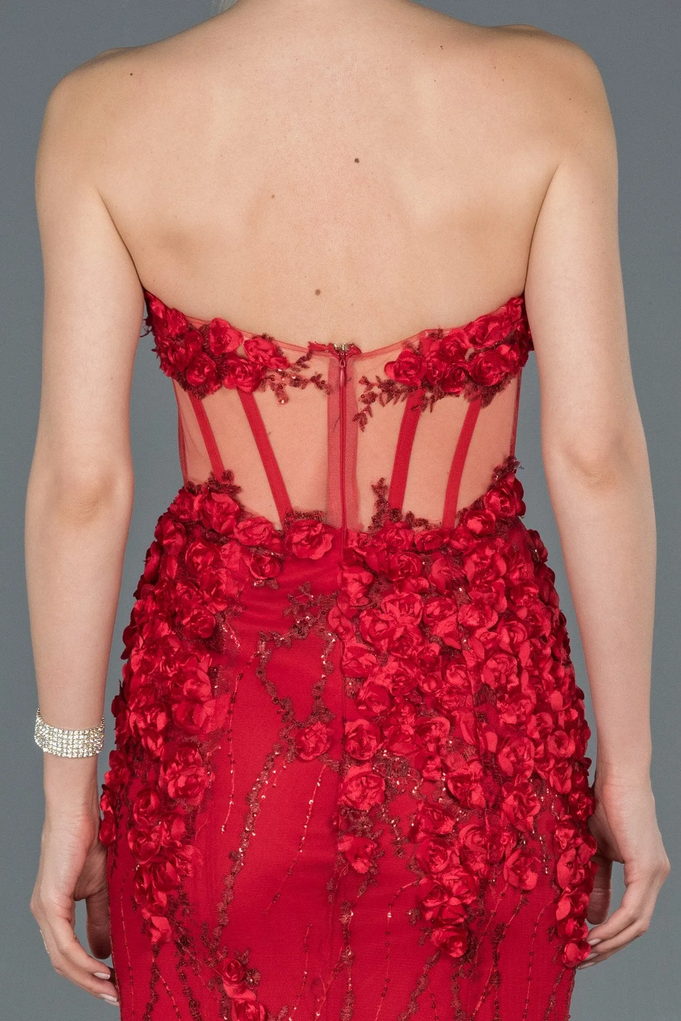 16946 Lavender Flower Applique Transparent Strapless Corset Dress