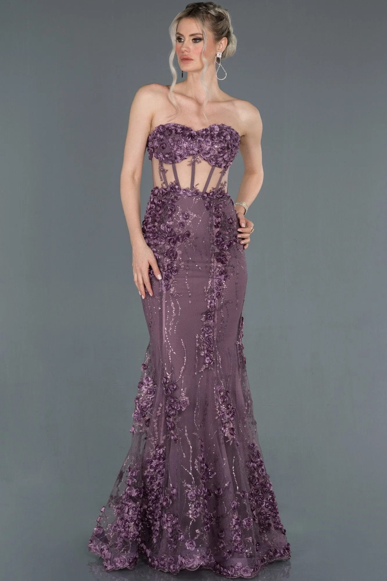 16946 Lavender Flower Applique Transparent Strapless Corset Dress
