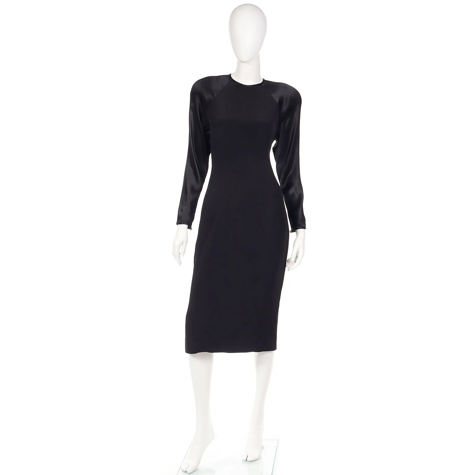 1980s Albert Nipon Black Satin Dress w/ Rhinestone Buttons