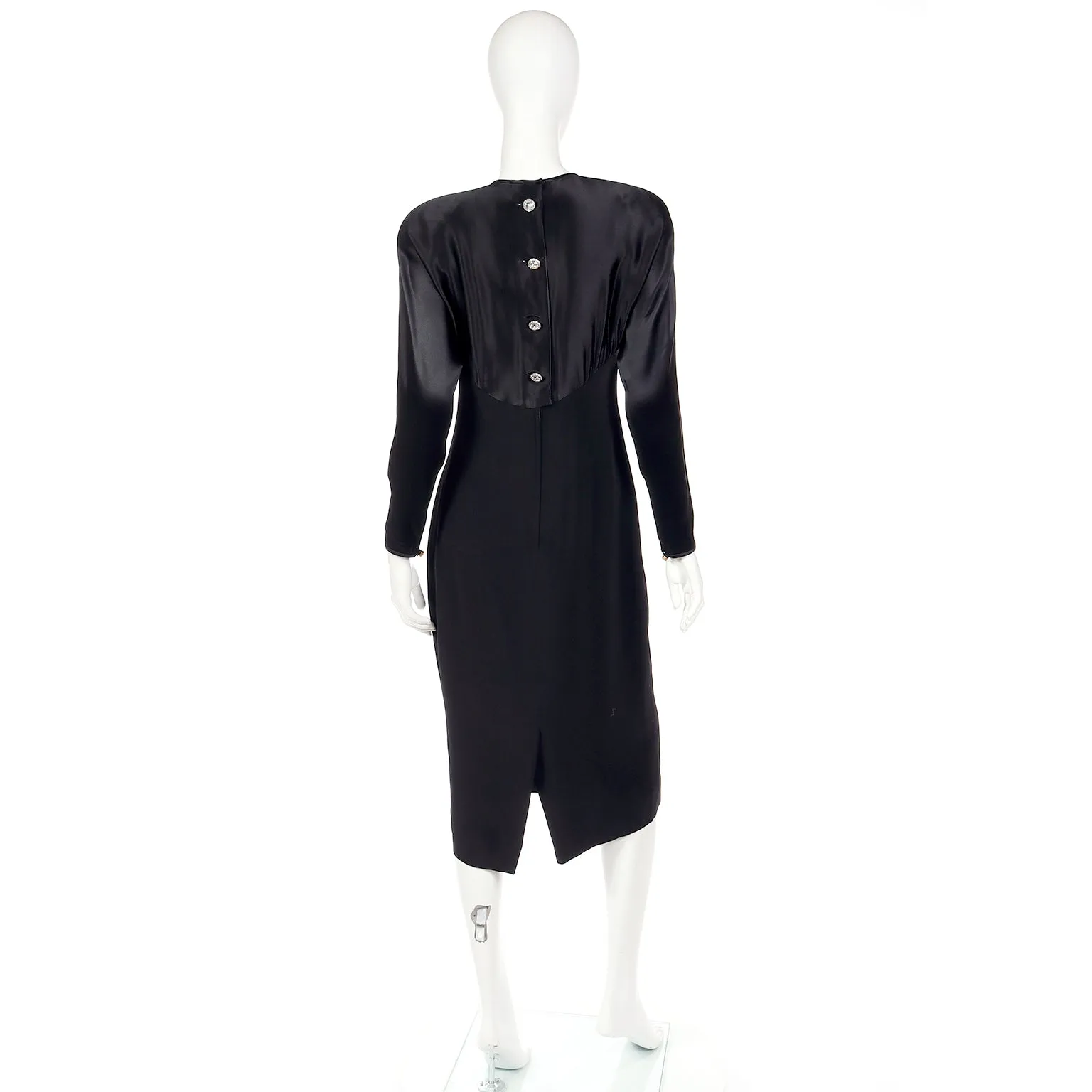 1980s Albert Nipon Black Satin Dress w/ Rhinestone Buttons