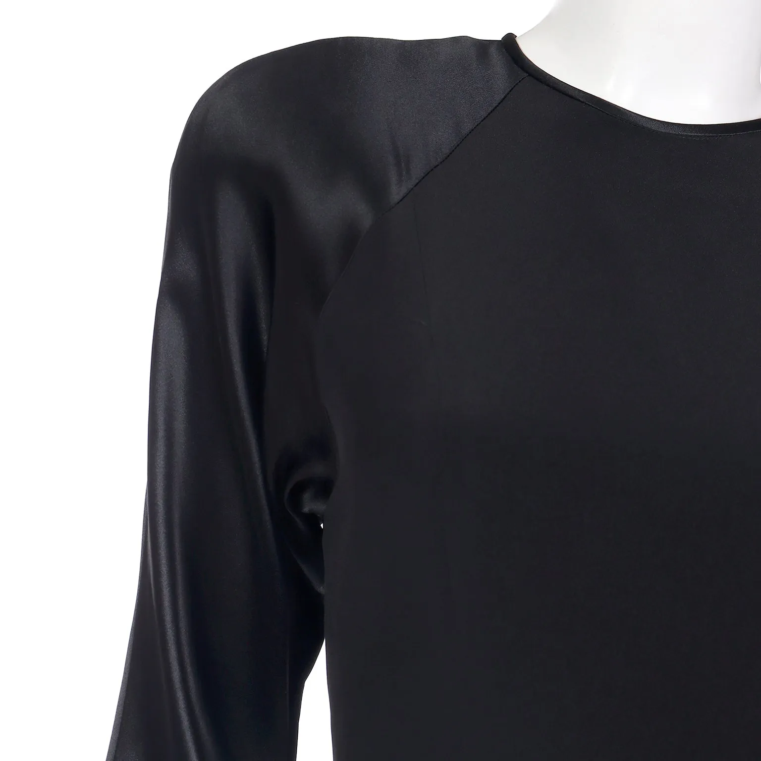 1980s Albert Nipon Black Satin Dress w/ Rhinestone Buttons