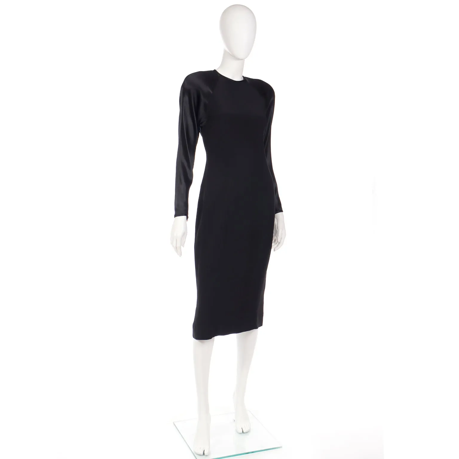 1980s Albert Nipon Black Satin Dress w/ Rhinestone Buttons