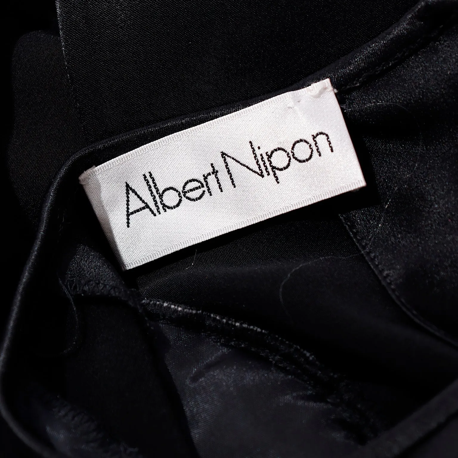 1980s Albert Nipon Black Satin Dress w/ Rhinestone Buttons