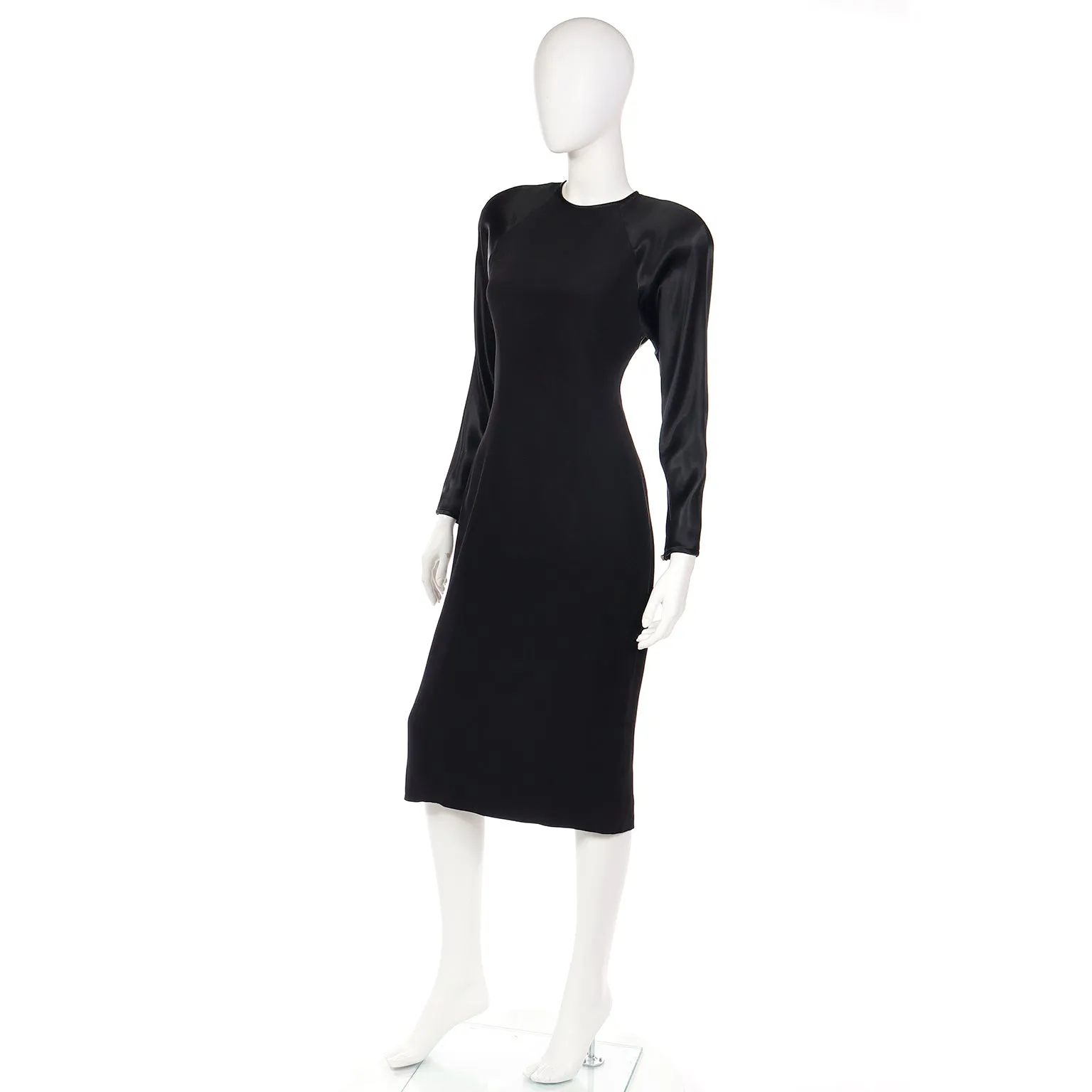 1980s Albert Nipon Black Satin Dress w/ Rhinestone Buttons