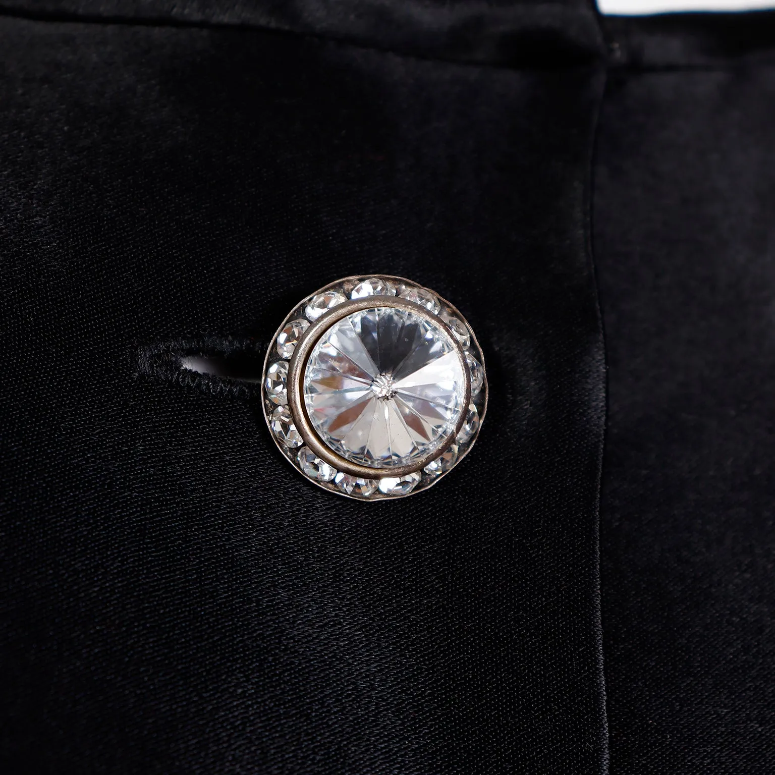 1980s Albert Nipon Black Satin Dress w/ Rhinestone Buttons