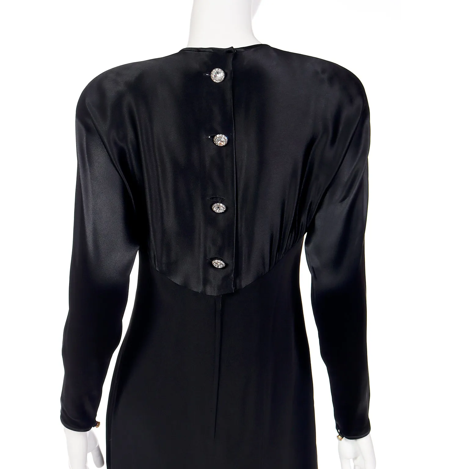1980s Albert Nipon Black Satin Dress w/ Rhinestone Buttons