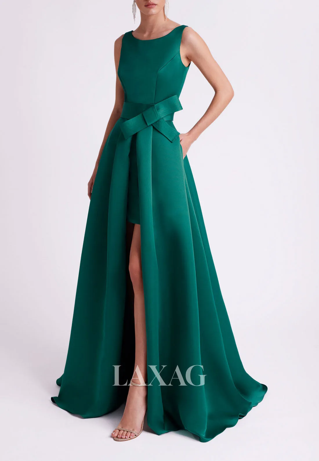 23109 - A-Line Round Open Back Sleek Satin Cocktail Party Formal Evening Dress with Train