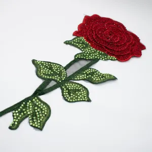 3D Red Rose Flower & Diamante Embroidered Applique Motif Design-I-43