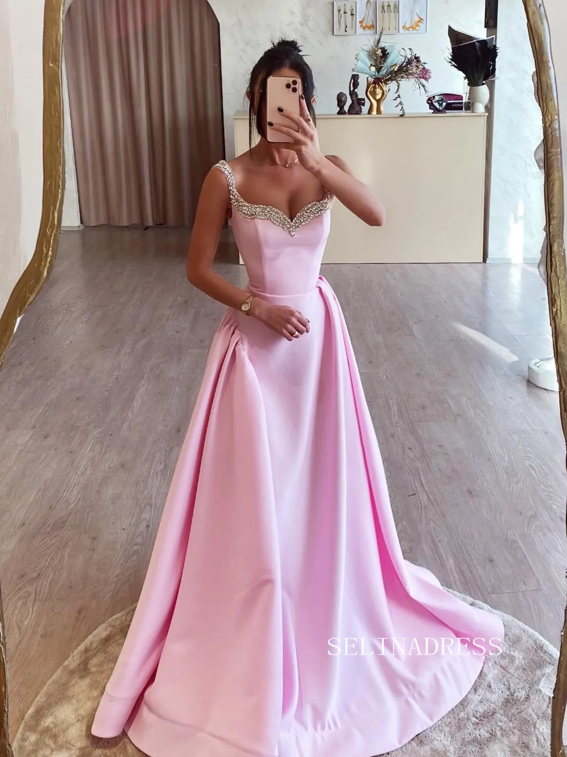 A-line Straps Pink Beaded Long Prom Dress SEW1124