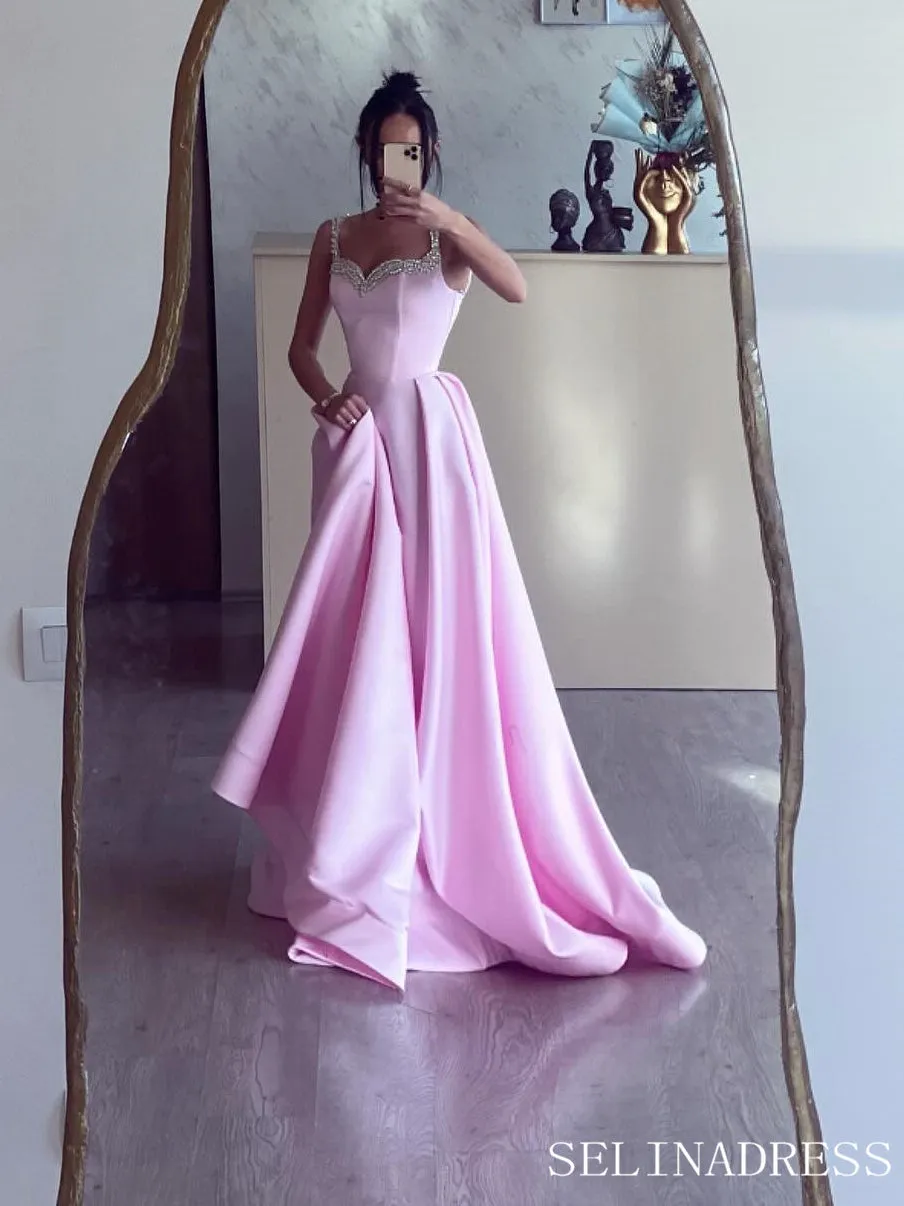 A-line Straps Pink Beaded Long Prom Dress SEW1124