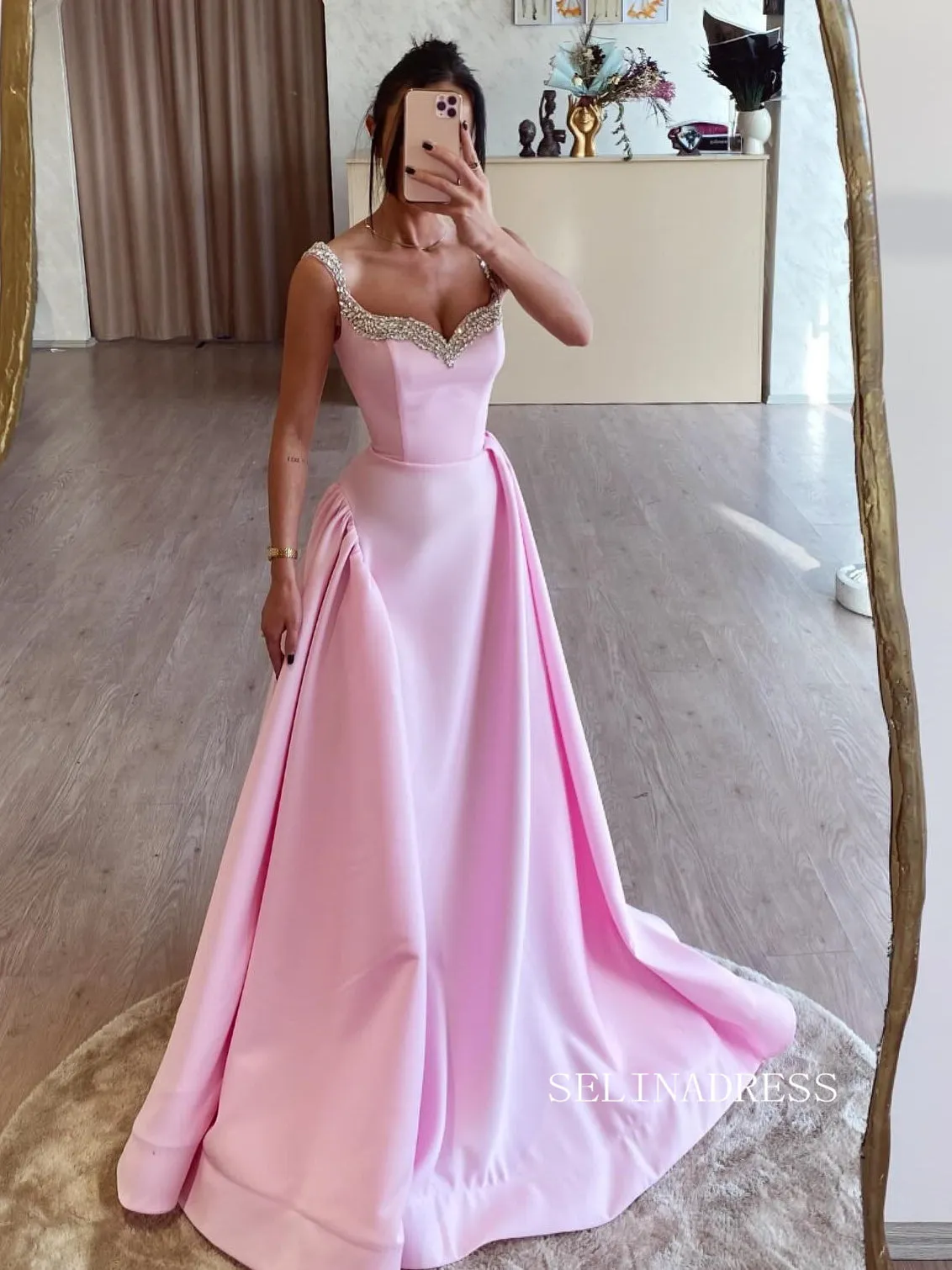 A-line Straps Pink Beaded Long Prom Dress SEW1124