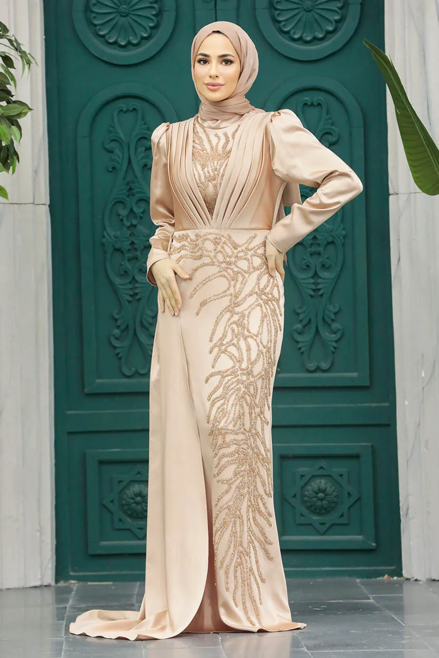 Alina Long Beaded Evening Dress with Long Sleeves