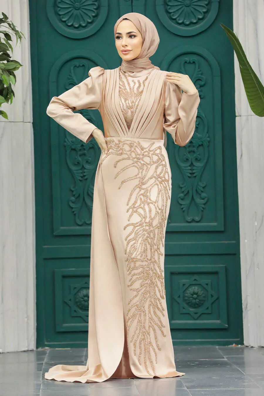 Alina Long Beaded Evening Dress with Long Sleeves