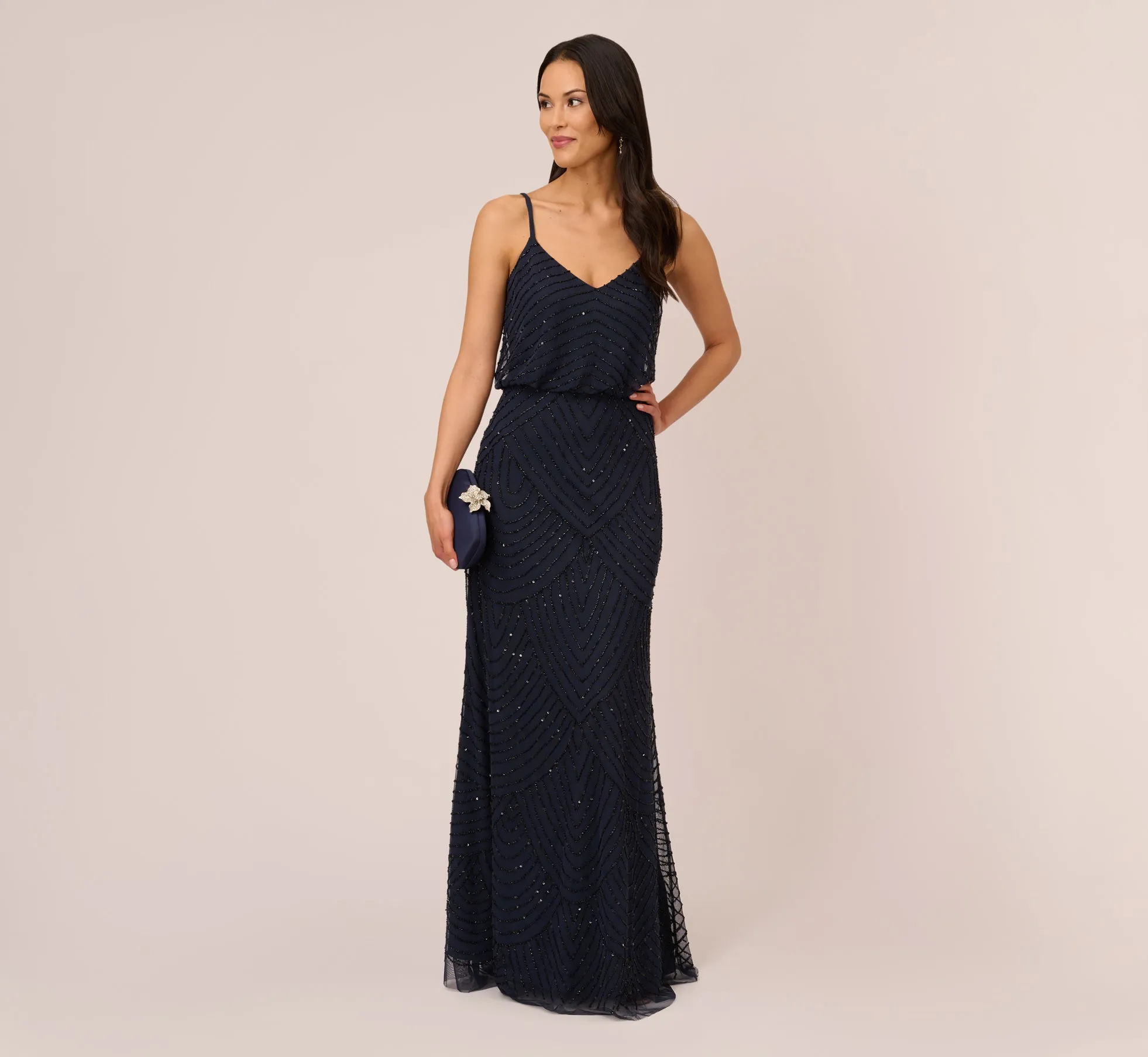 Art Deco Beaded Blouson Gown In Navy Black