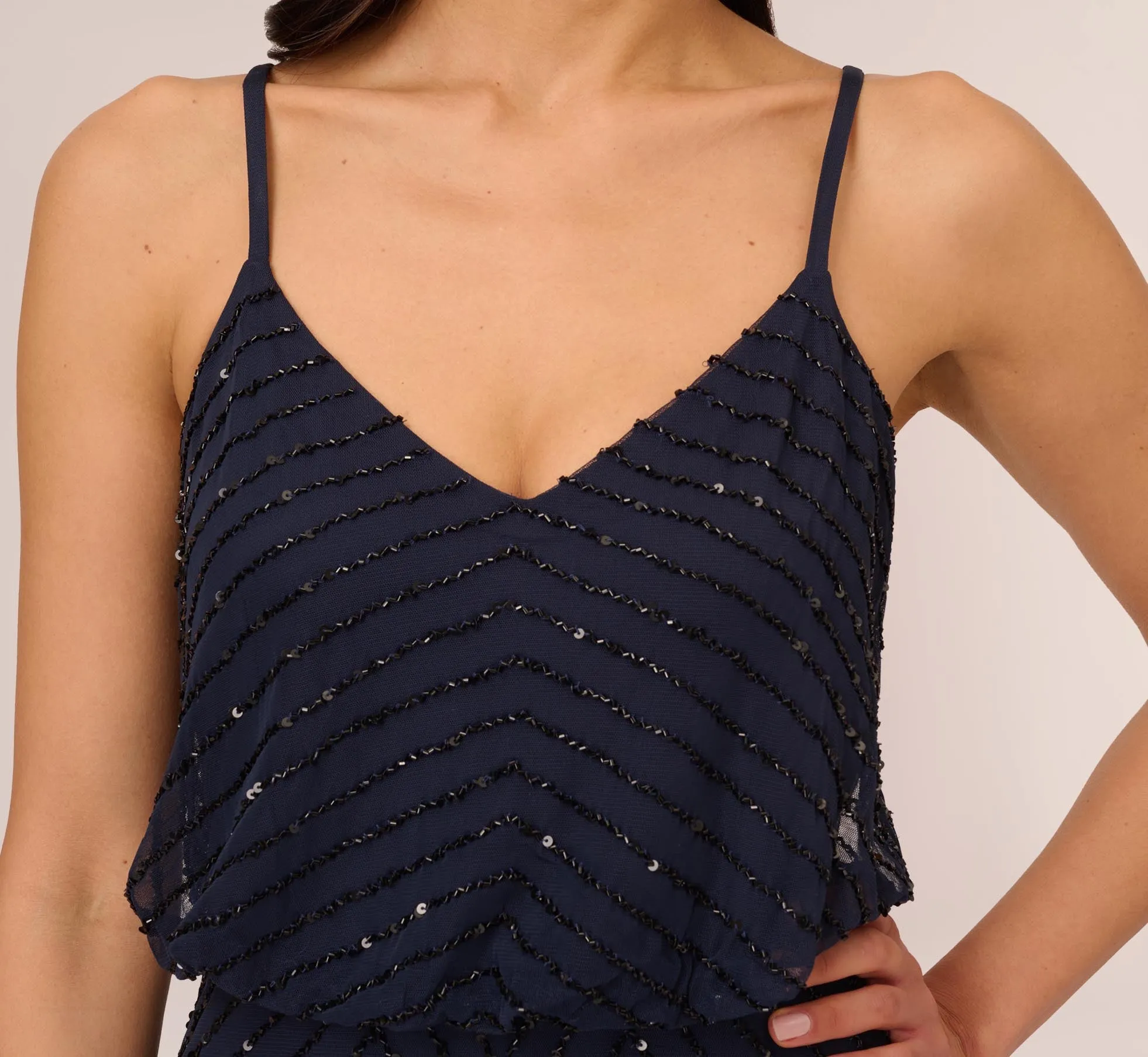 Art Deco Beaded Blouson Gown In Navy Black
