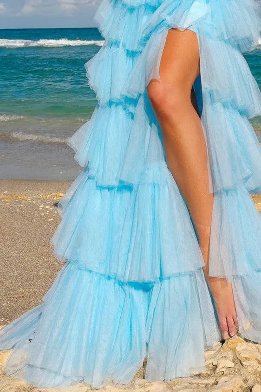 Baby Blue Bow Shoulder Pleated Top Tiered A Line Dress