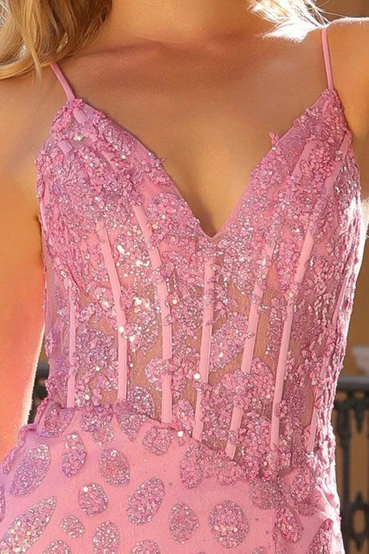 Baby Pink Sleeveless Deep V Neck Bustier Corset Glitter Prin