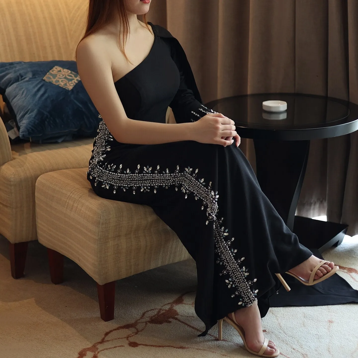 Black One Shoulder Mermaid Evening Dress with Cape Sleeve SS389