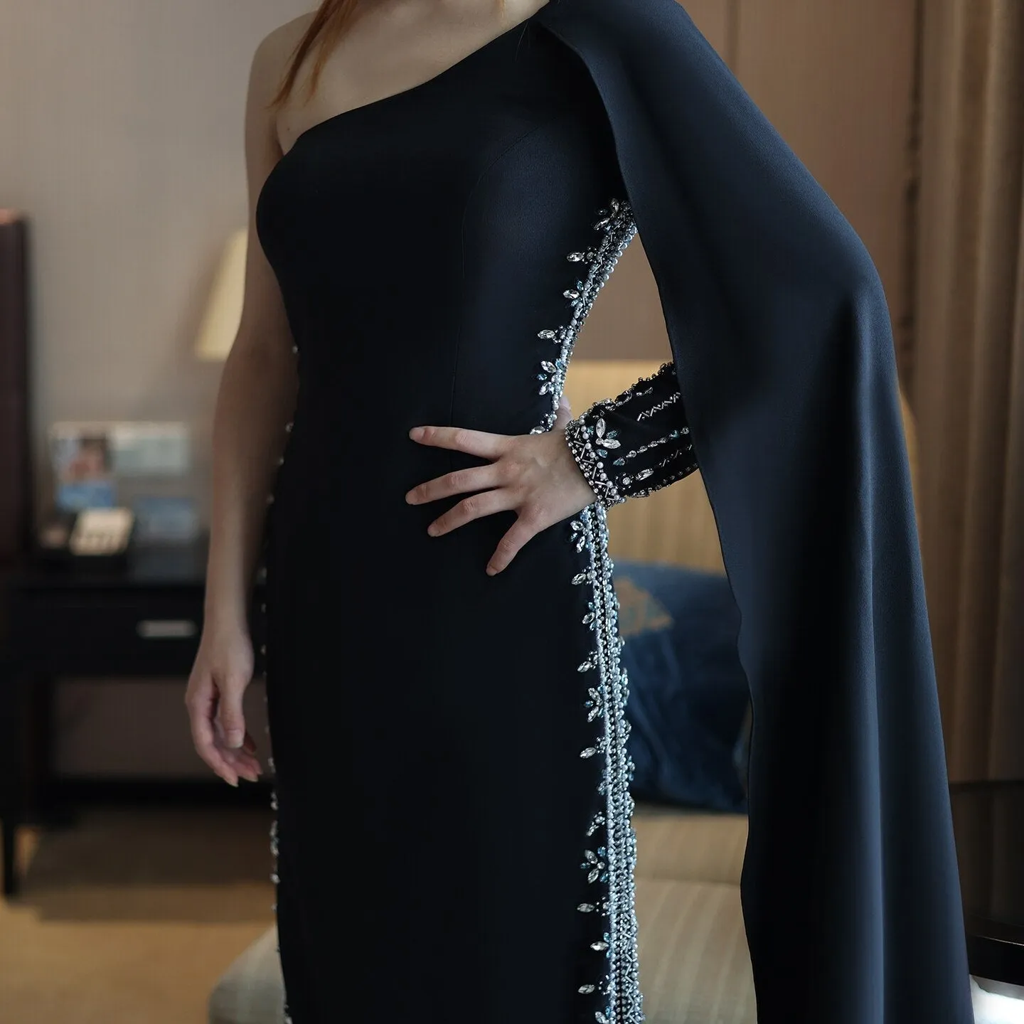 Black One Shoulder Mermaid Evening Dress with Cape Sleeve SS389