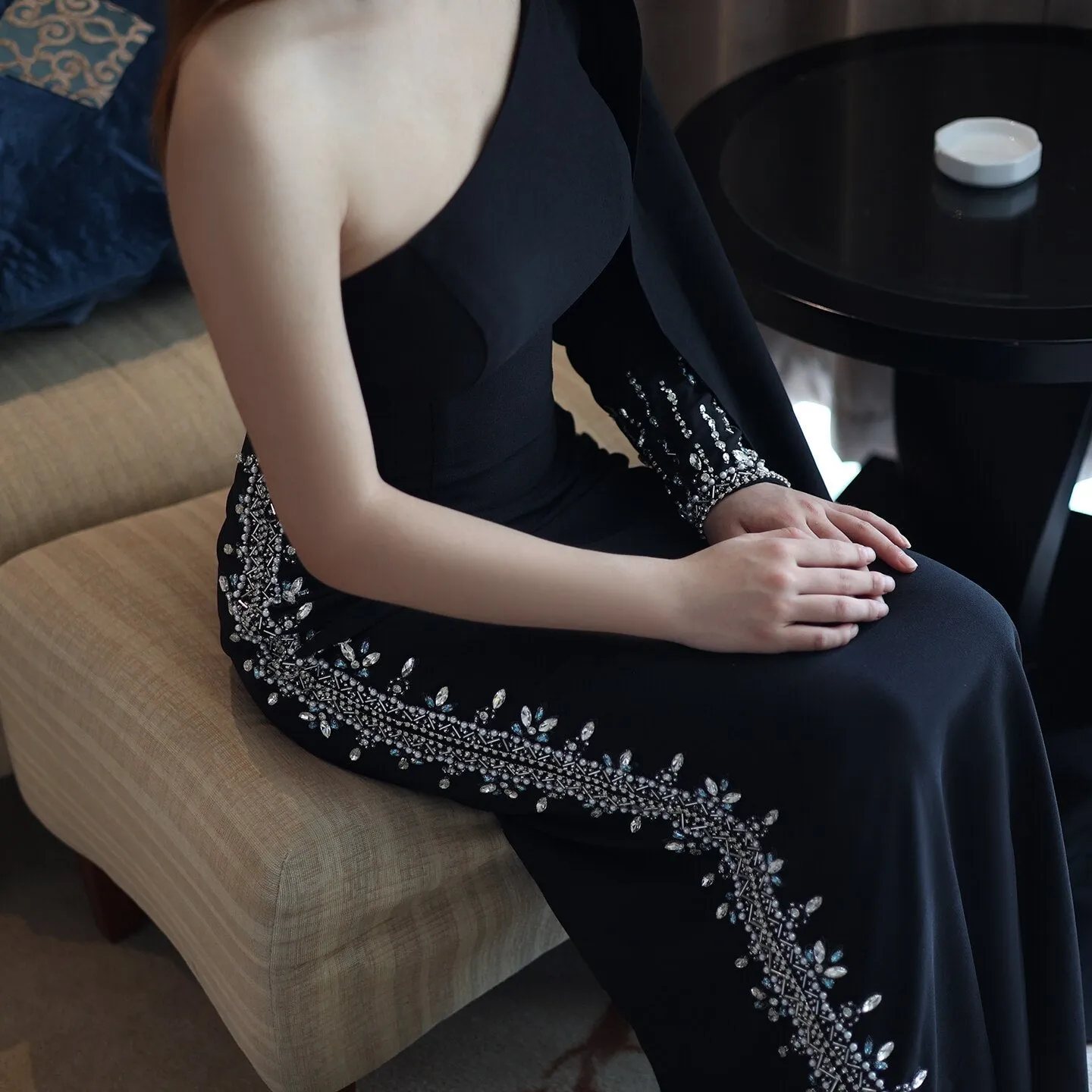 Black One Shoulder Mermaid Evening Dress with Cape Sleeve SS389